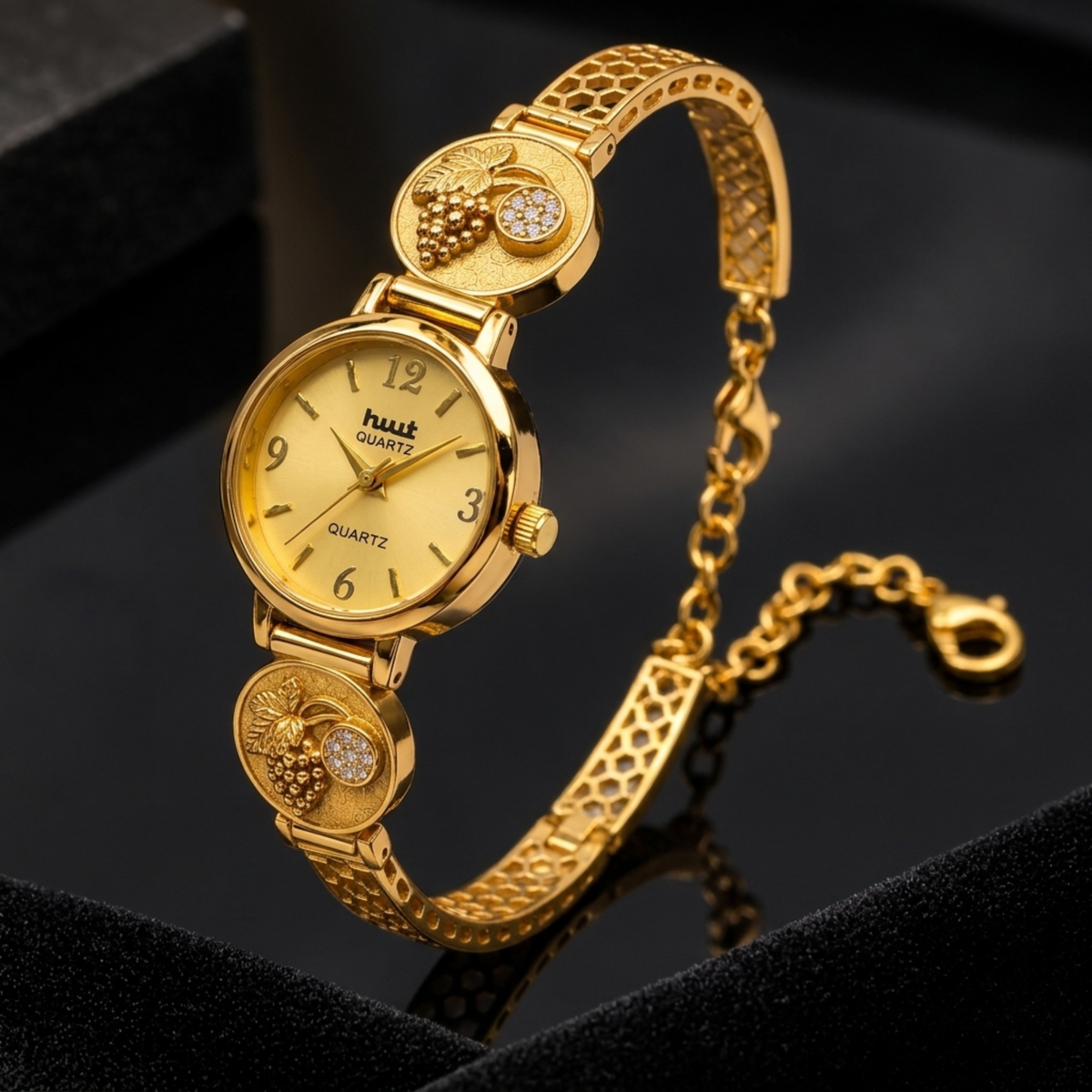 Vintage Gold Vine Design Watch with Crystal Accent
