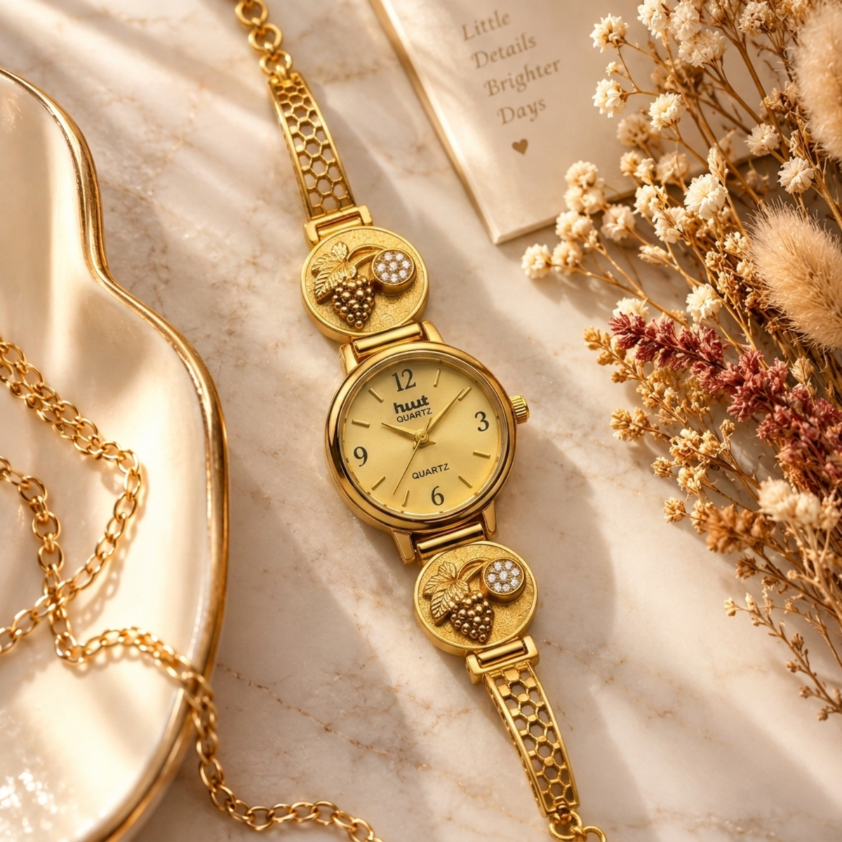 Vintage Gold Vine Design Watch with Crystal Accent