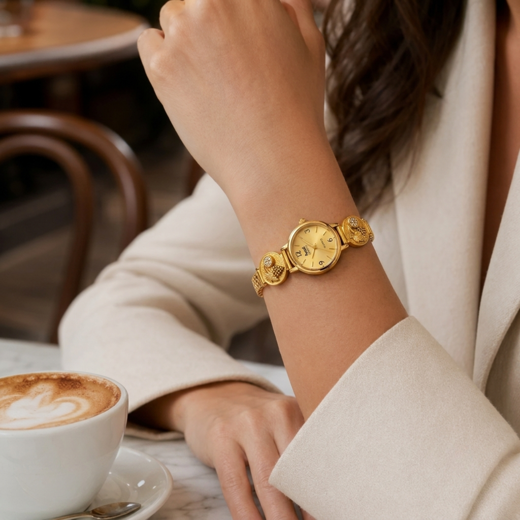 Vintage Gold Vine Design Watch with Crystal Accent