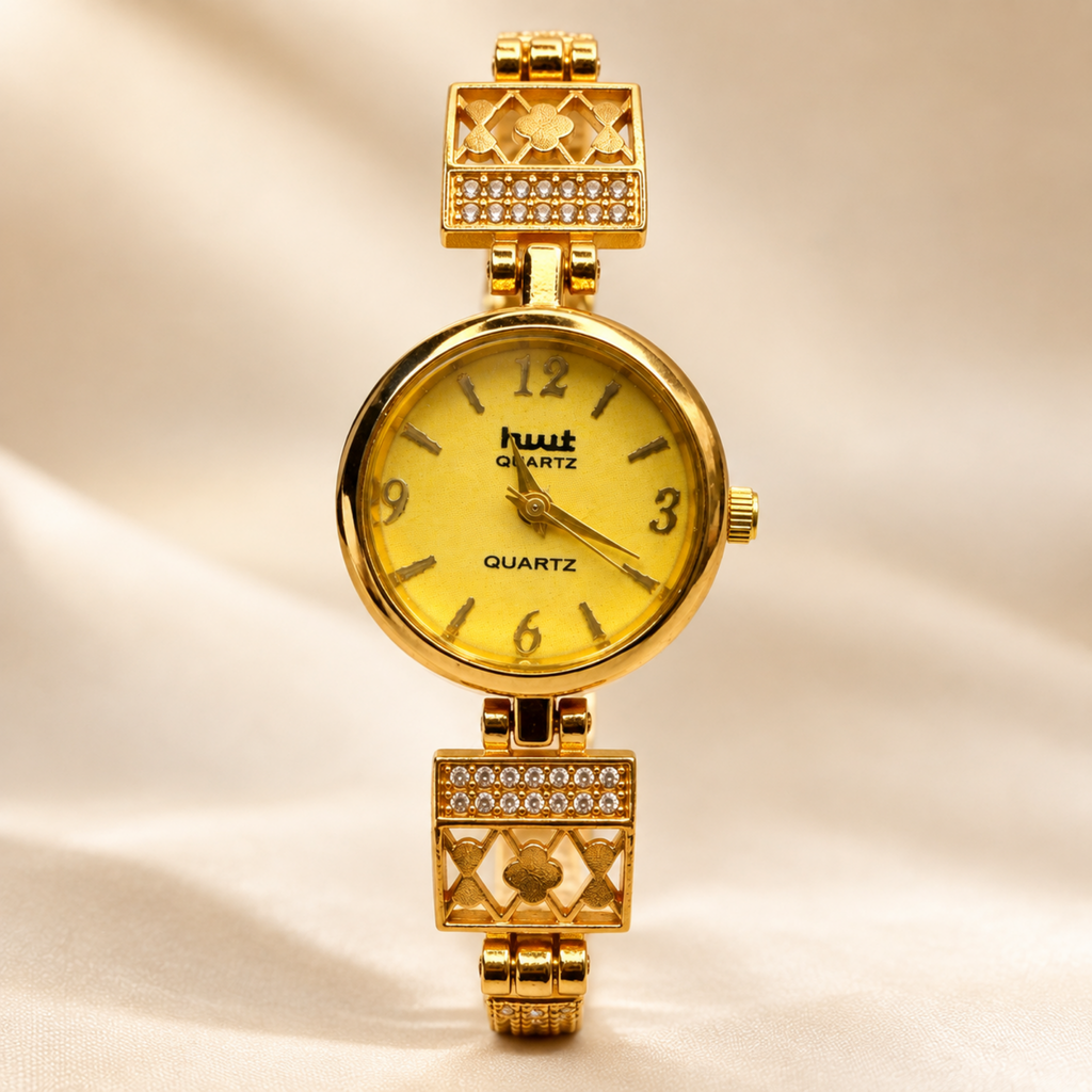 Gold Plated Crystal Clover Lattice Bracelet Watch Women
