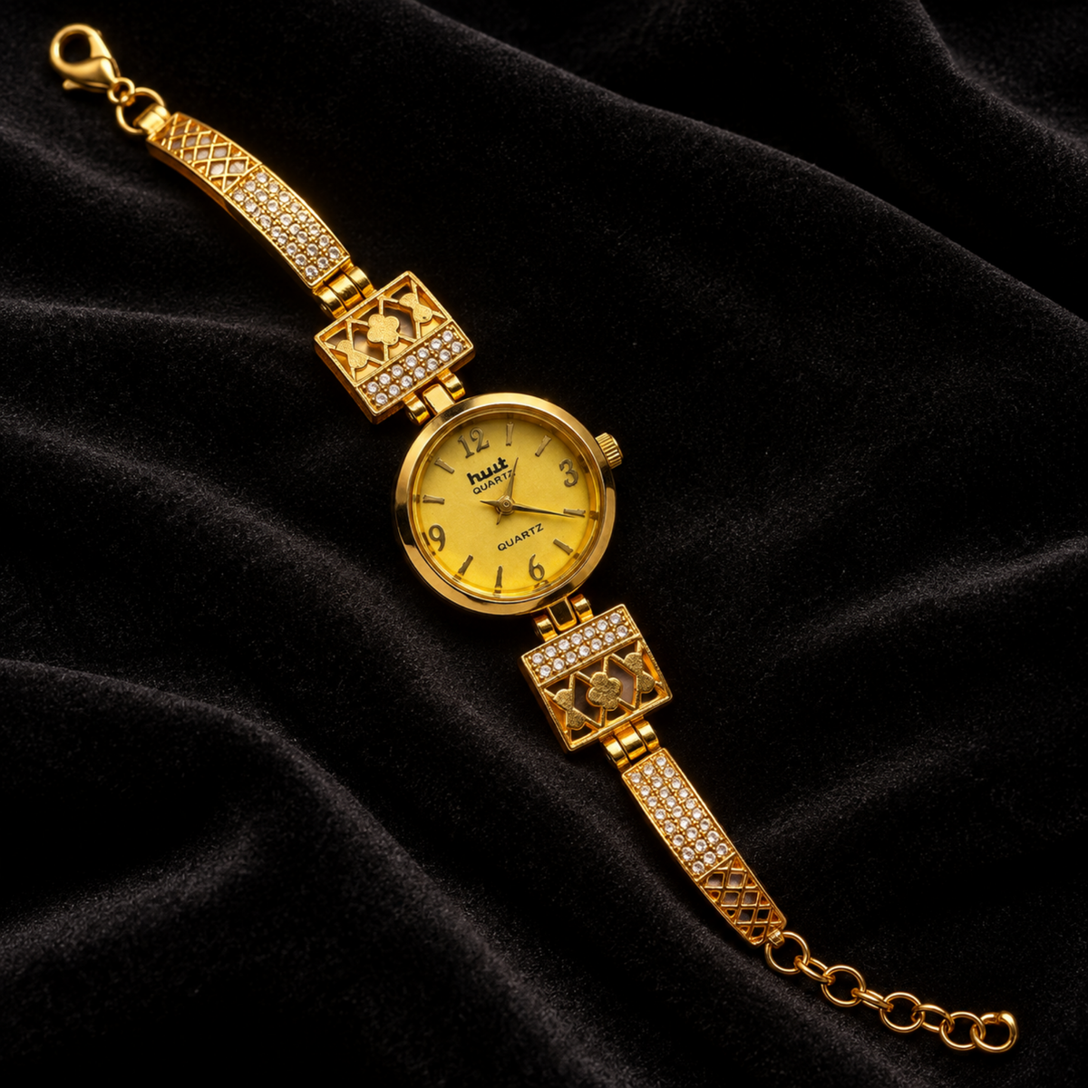 Gold Plated Crystal Clover Lattice Bracelet Watch Women