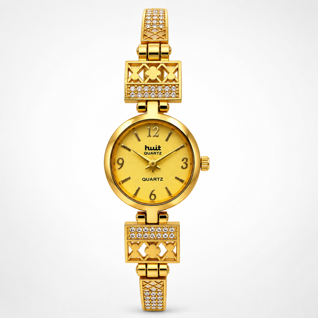 Gold Plated Crystal Clover Lattice Bracelet Watch Women