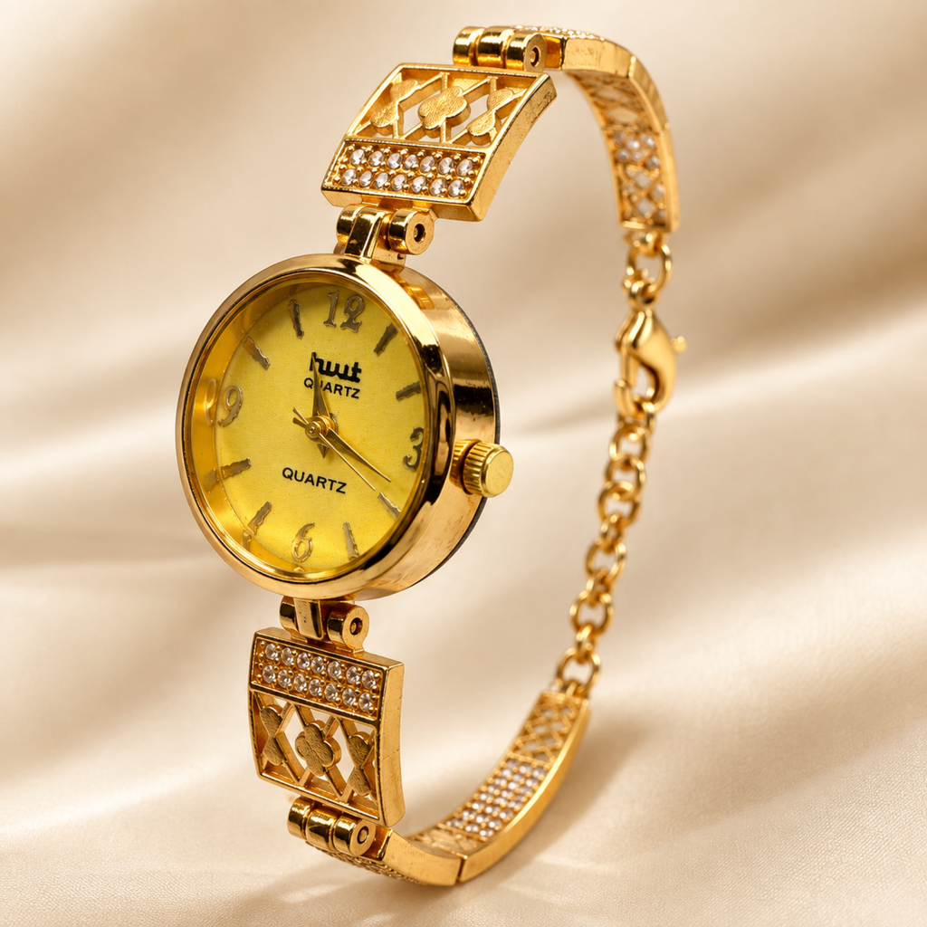 Gold Plated Crystal Clover Lattice Bracelet Watch Women