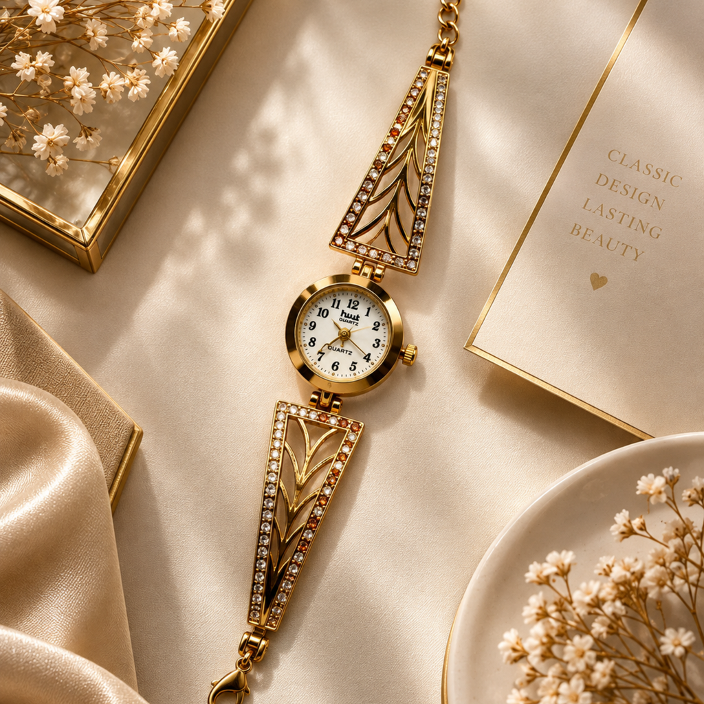 Close up of gold art deco triangle bracelet watch with amber crystals