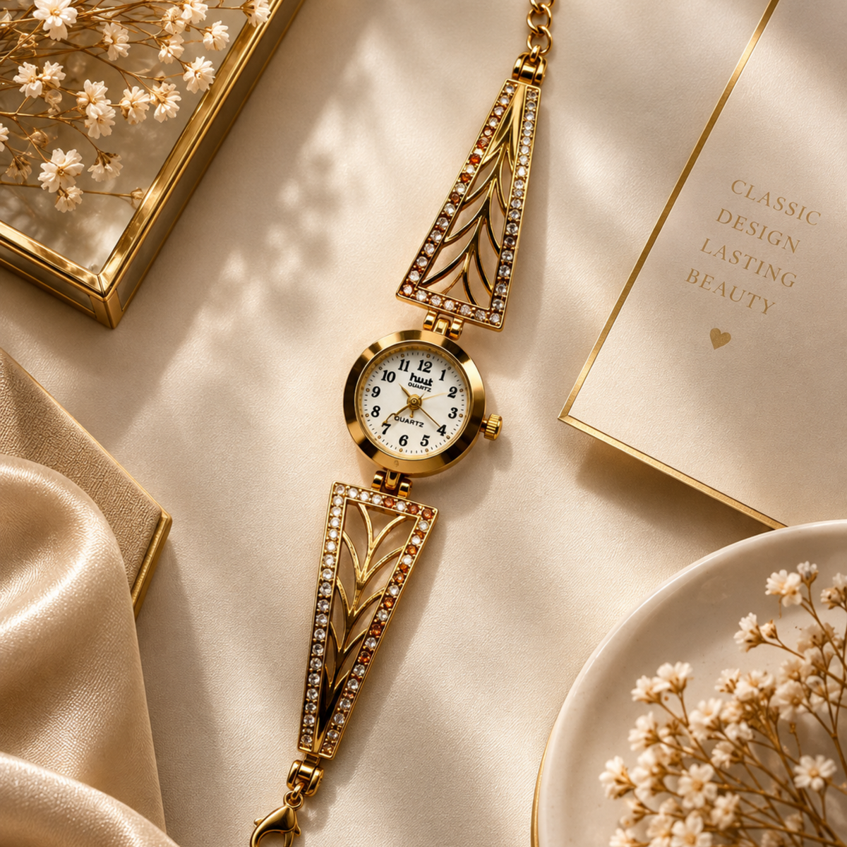 Close up of gold art deco triangle bracelet watch with amber crystals
