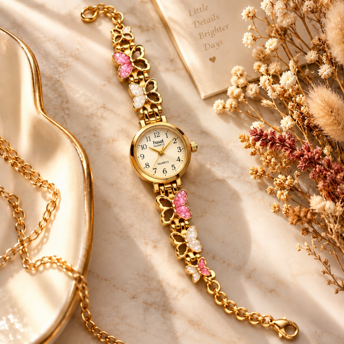 Close up of gold butterfly watch cream dial with Arabic numerals