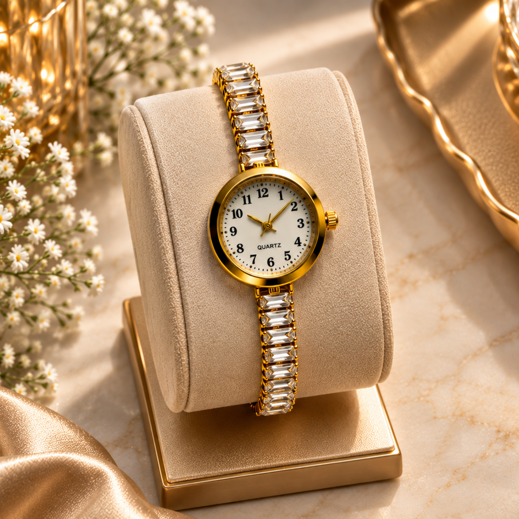 Close up of gold crystal watch white dial with Arabic numerals