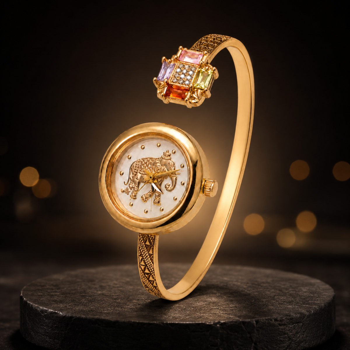 Close up of gold elephant dial cuff watch on display stand