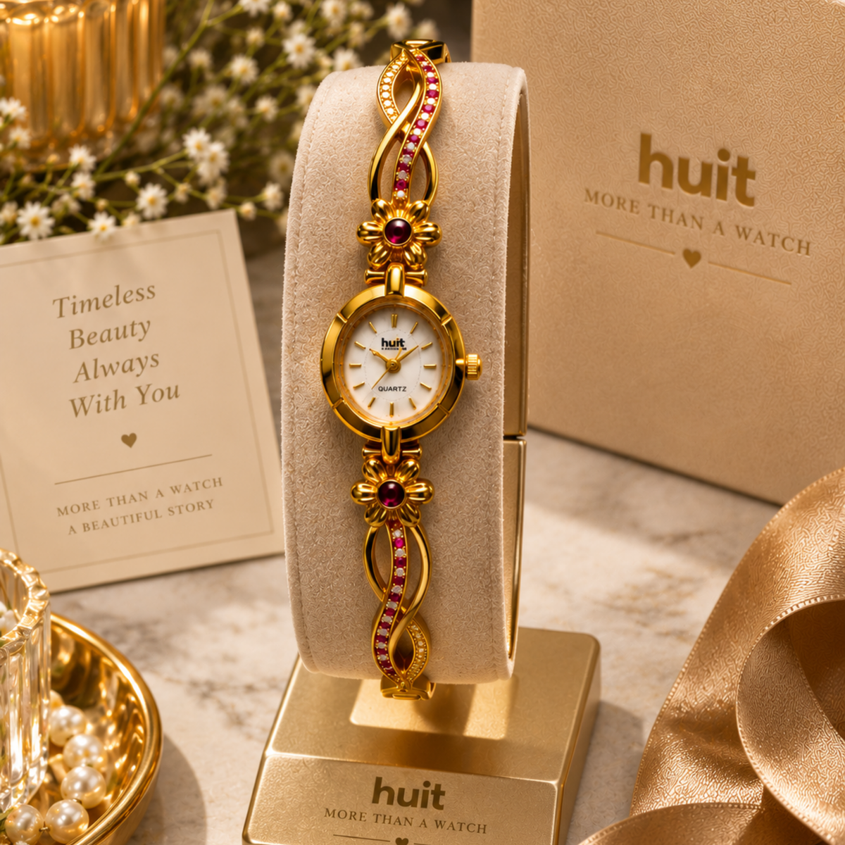 Close up of gold floral ruby vine bracelet watch on display stand