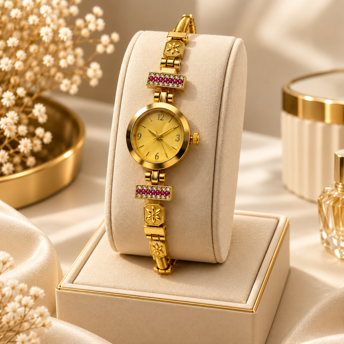 Close up of gold kundan watch dial with Arabic numerals and gold hands
