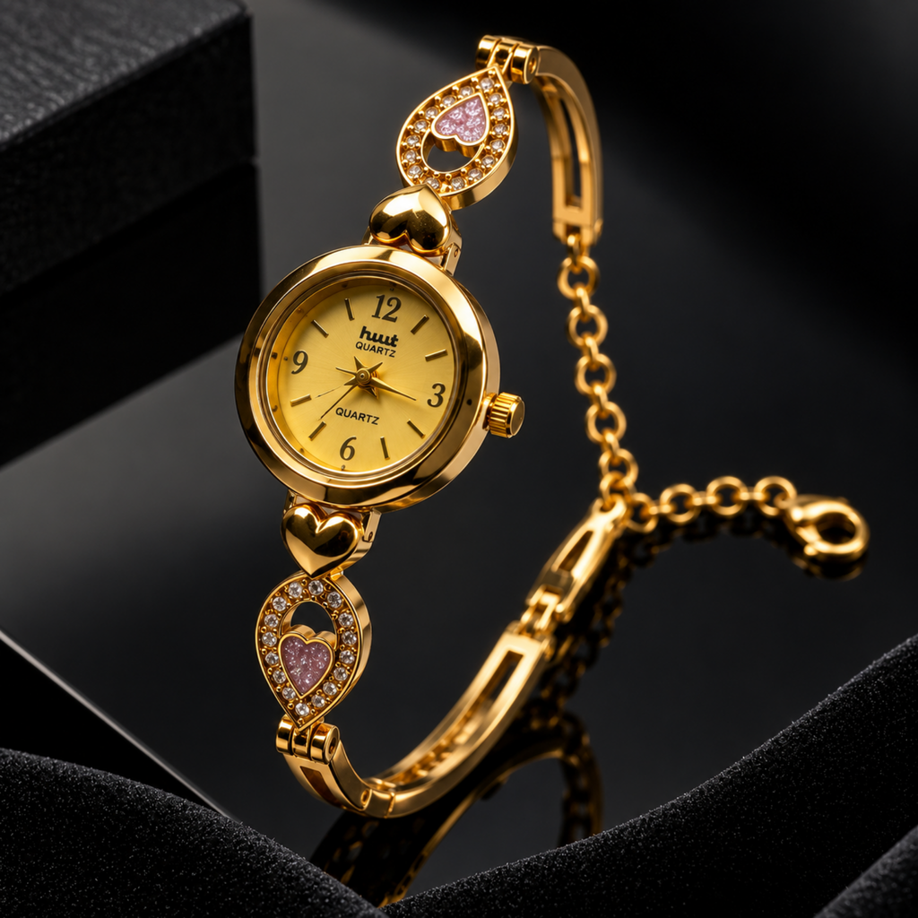 Close up of gold pink heart watch dial with Arabic numerals