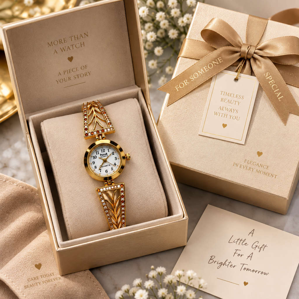 Gold art deco crystal bracelet watch with gift box packaging for women