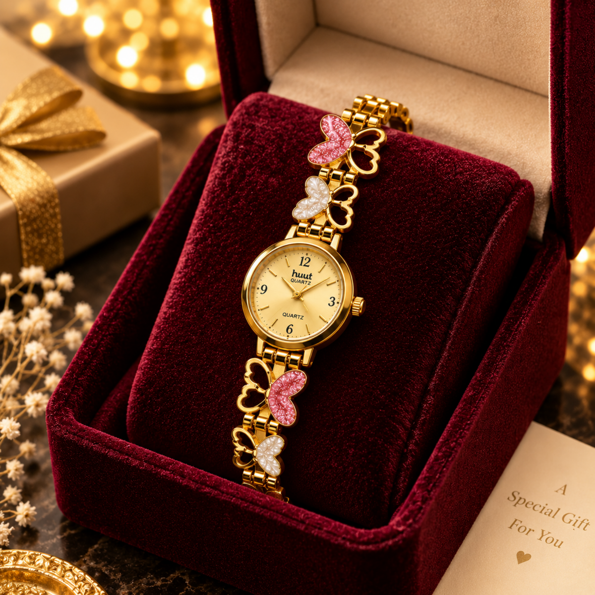Gold butterfly charm bracelet watch with gift box packaging for women