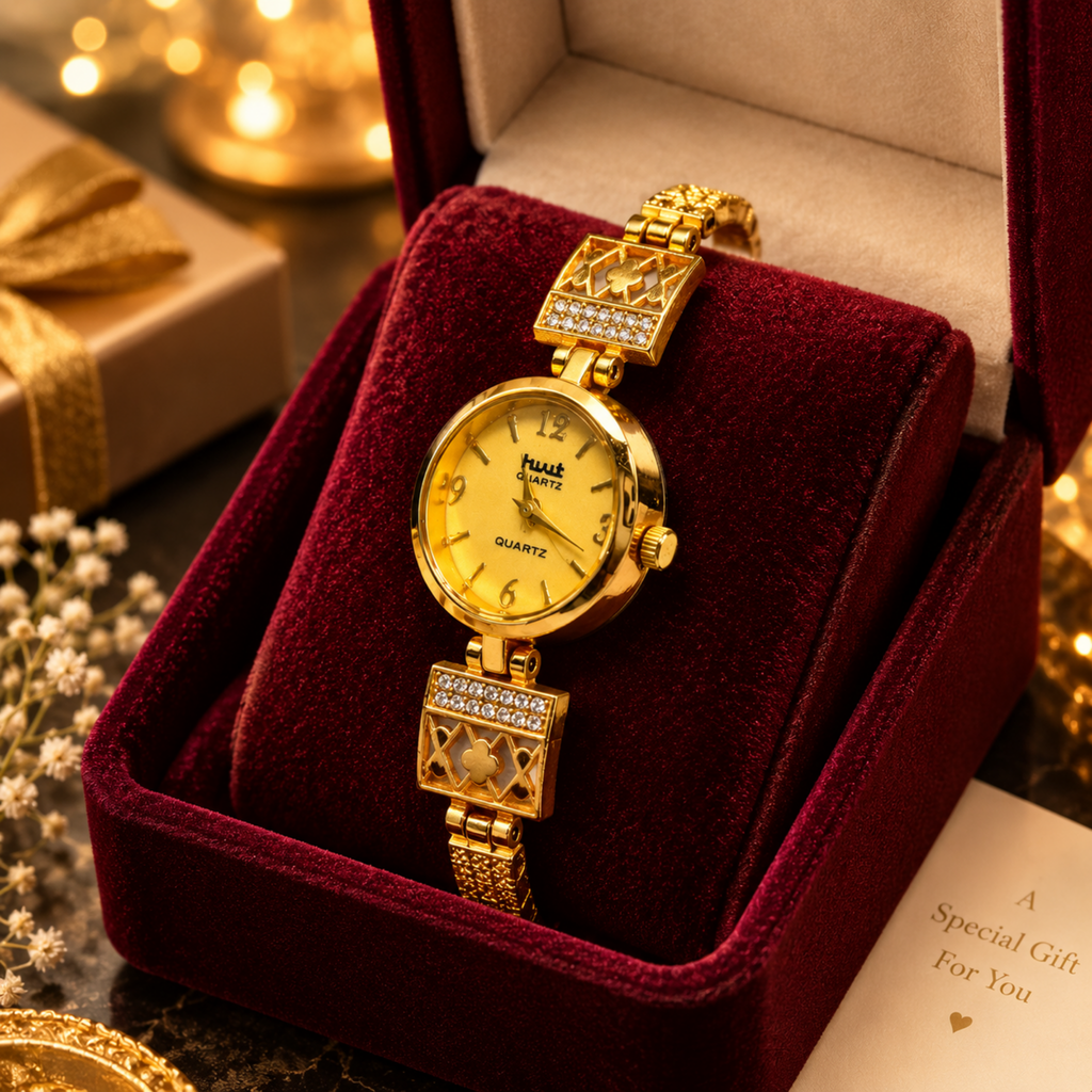 Gold clover lattice bracelet watch in red velvet gift box