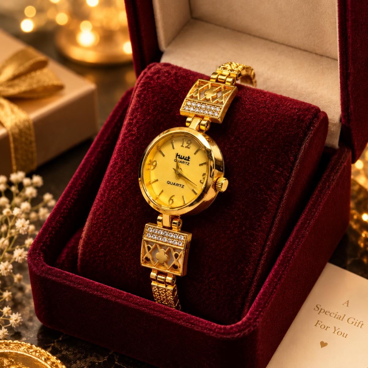Gold clover lattice bracelet watch in red velvet gift box