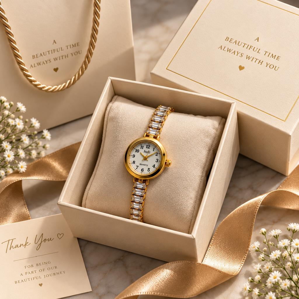 Gold crystal bracelet watch with gift box packaging for women
