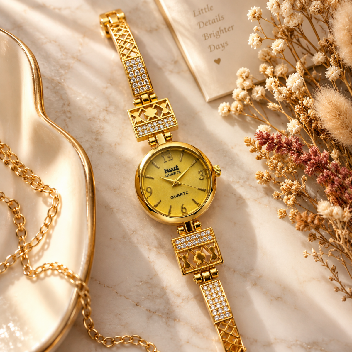 Gold crystal clover lattice bracelet watch for women - flat lay
