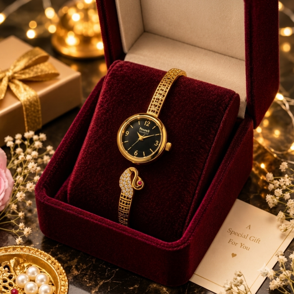Gold crystal peacock bangle watch in red velvet gift box