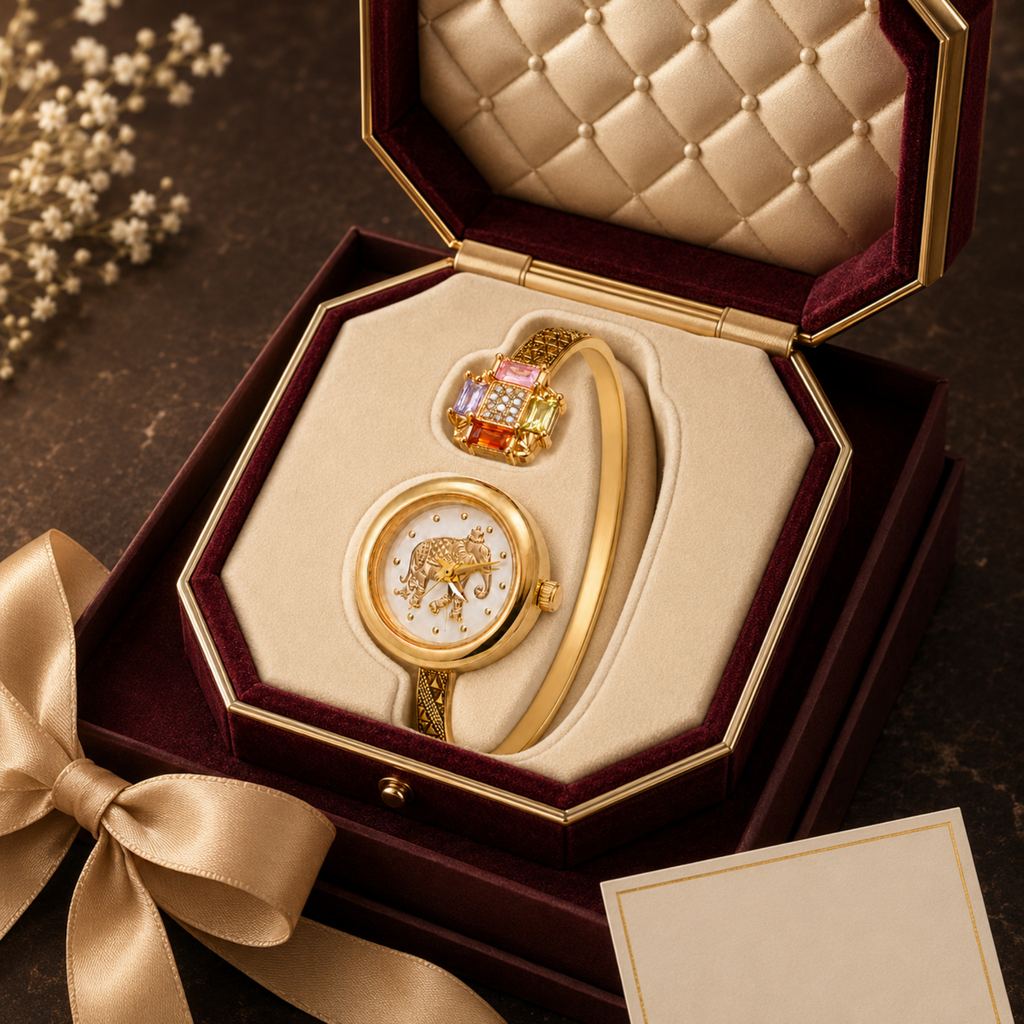 Gold elephant dial cuff watch in luxury gift box with ribbon