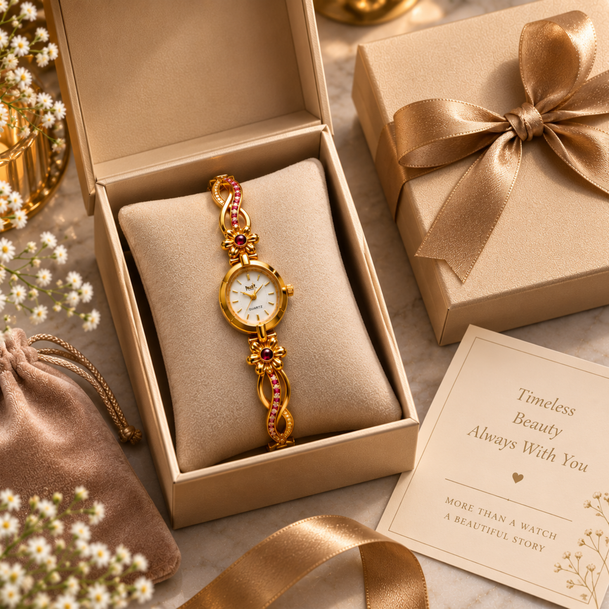 Gold floral ruby bracelet watch in gift box with pouch