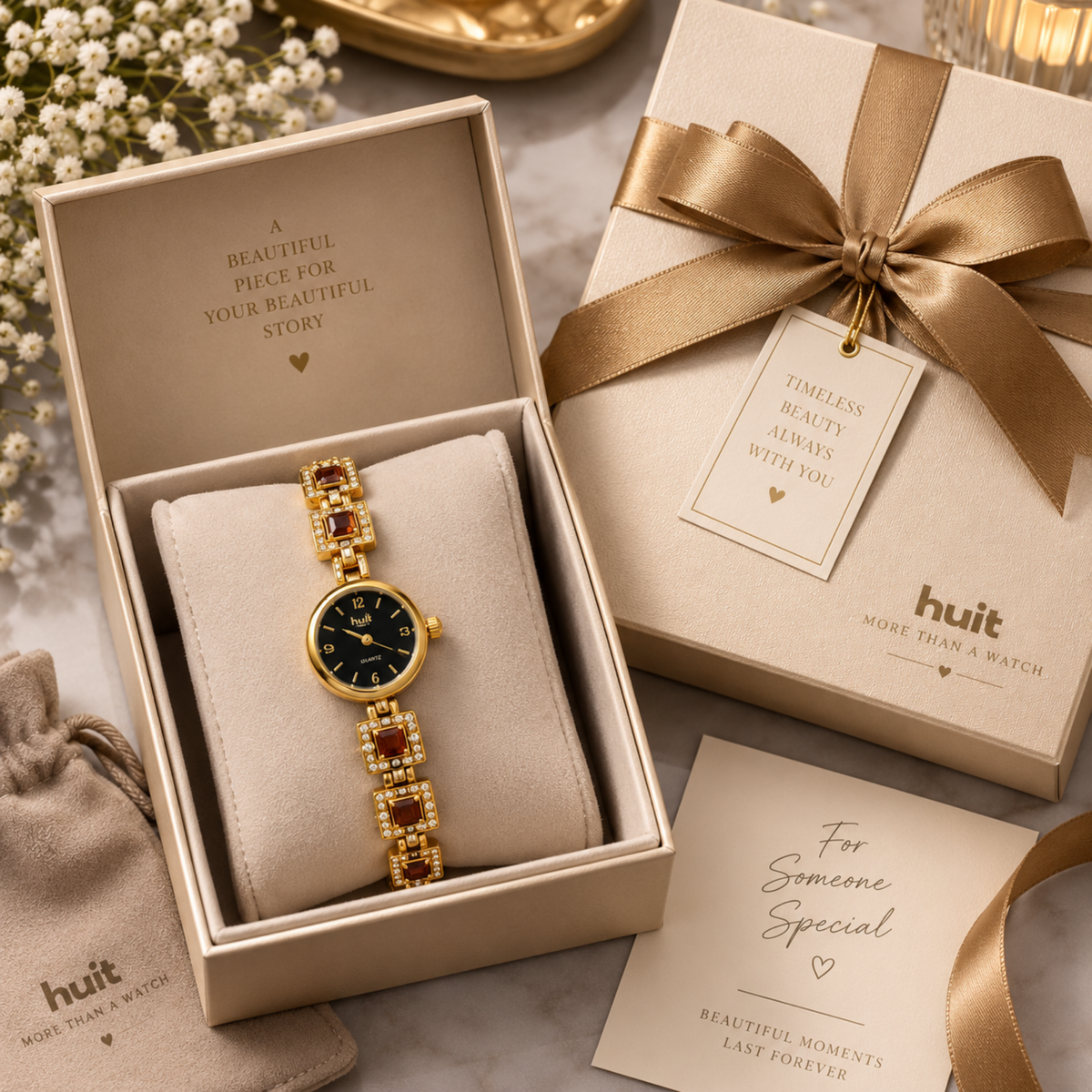 Gold garnet crystal bracelet watch in gift box with pouch