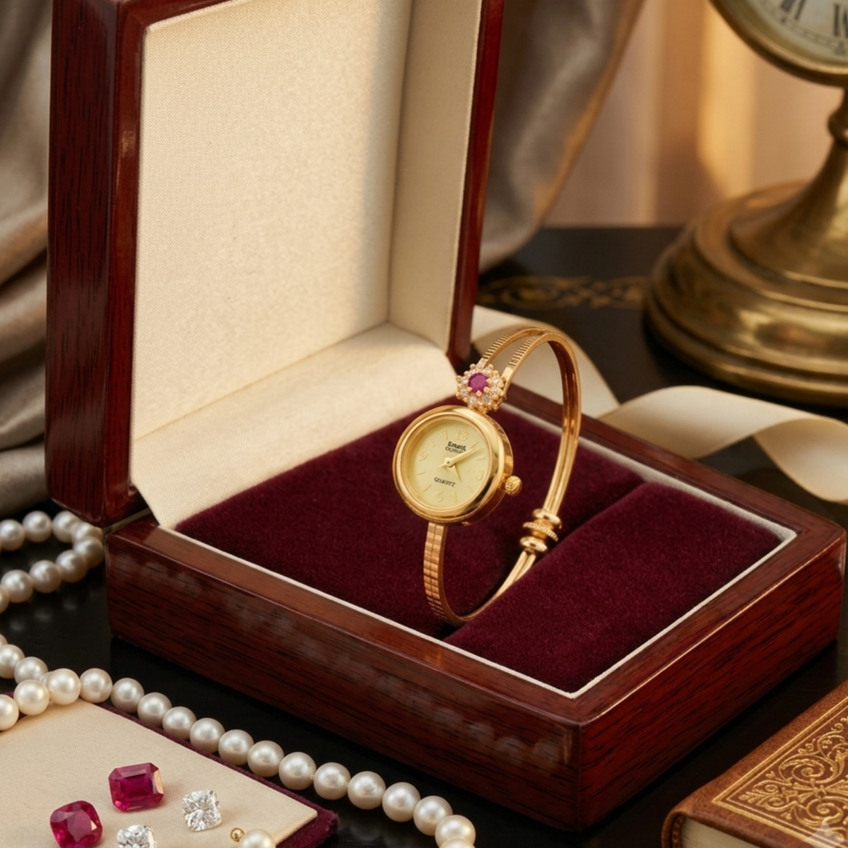 Gold garnet flower bangle watch in wooden jewellery box