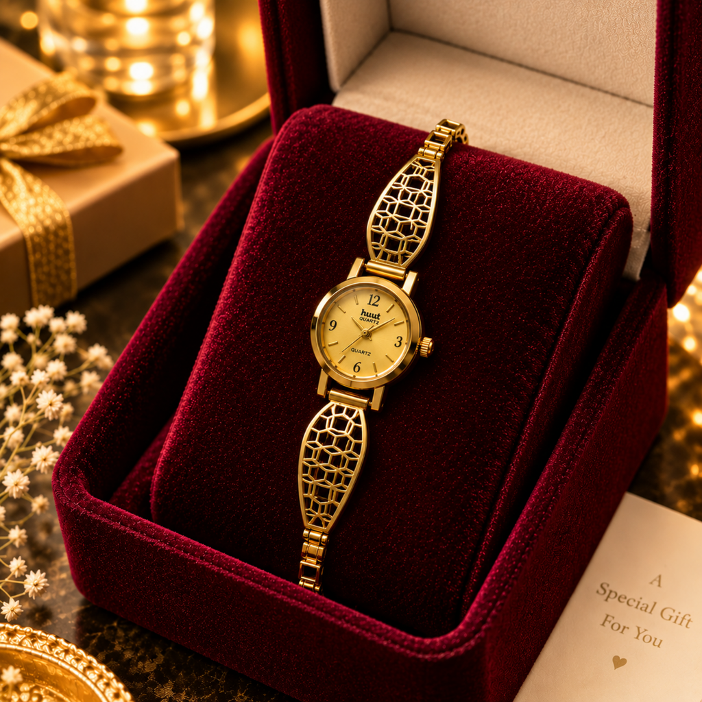 Gold geometric mosaic bracelet watch in red velvet gift box
