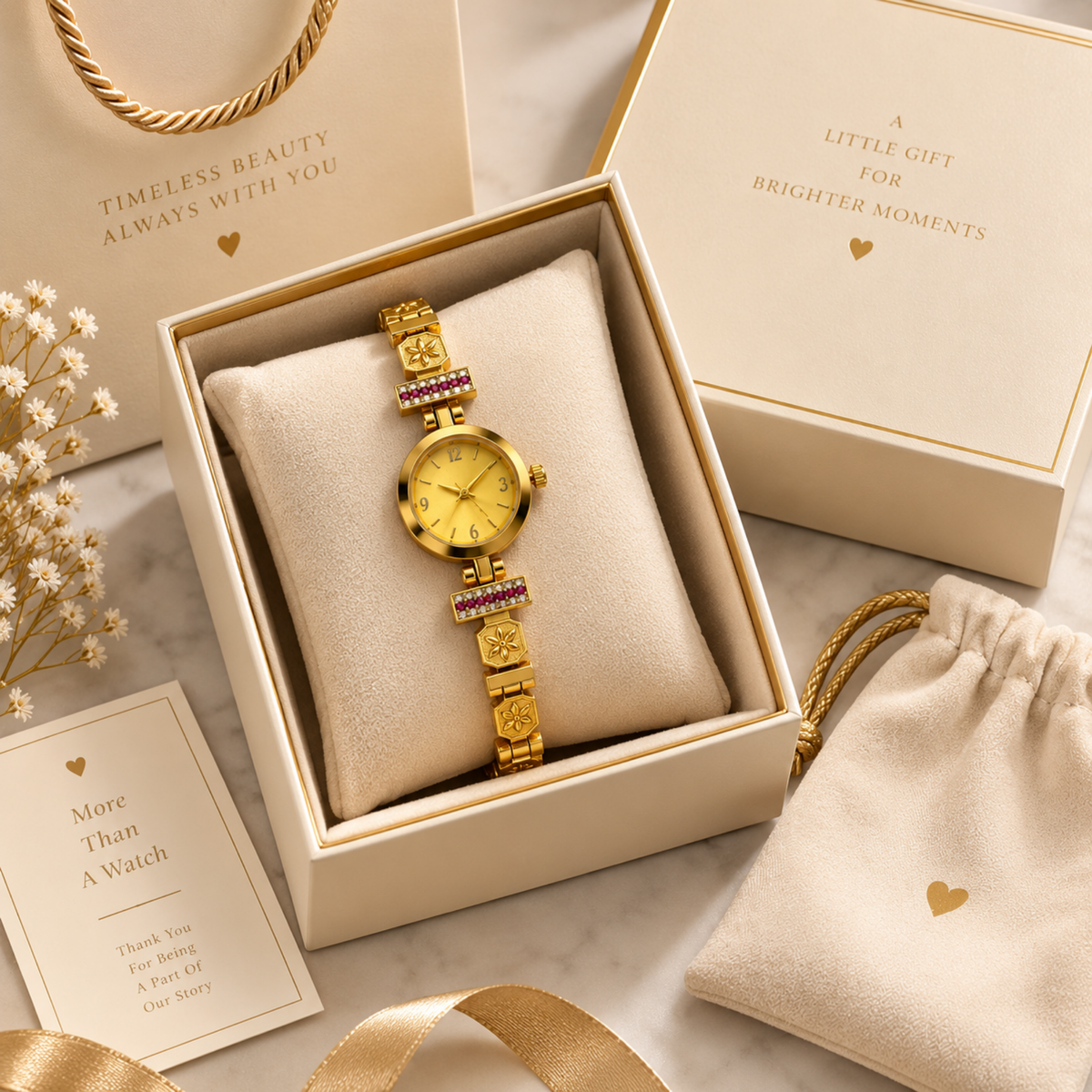Gold kundan ruby bracelet watch with hunt quartz gift box packaging