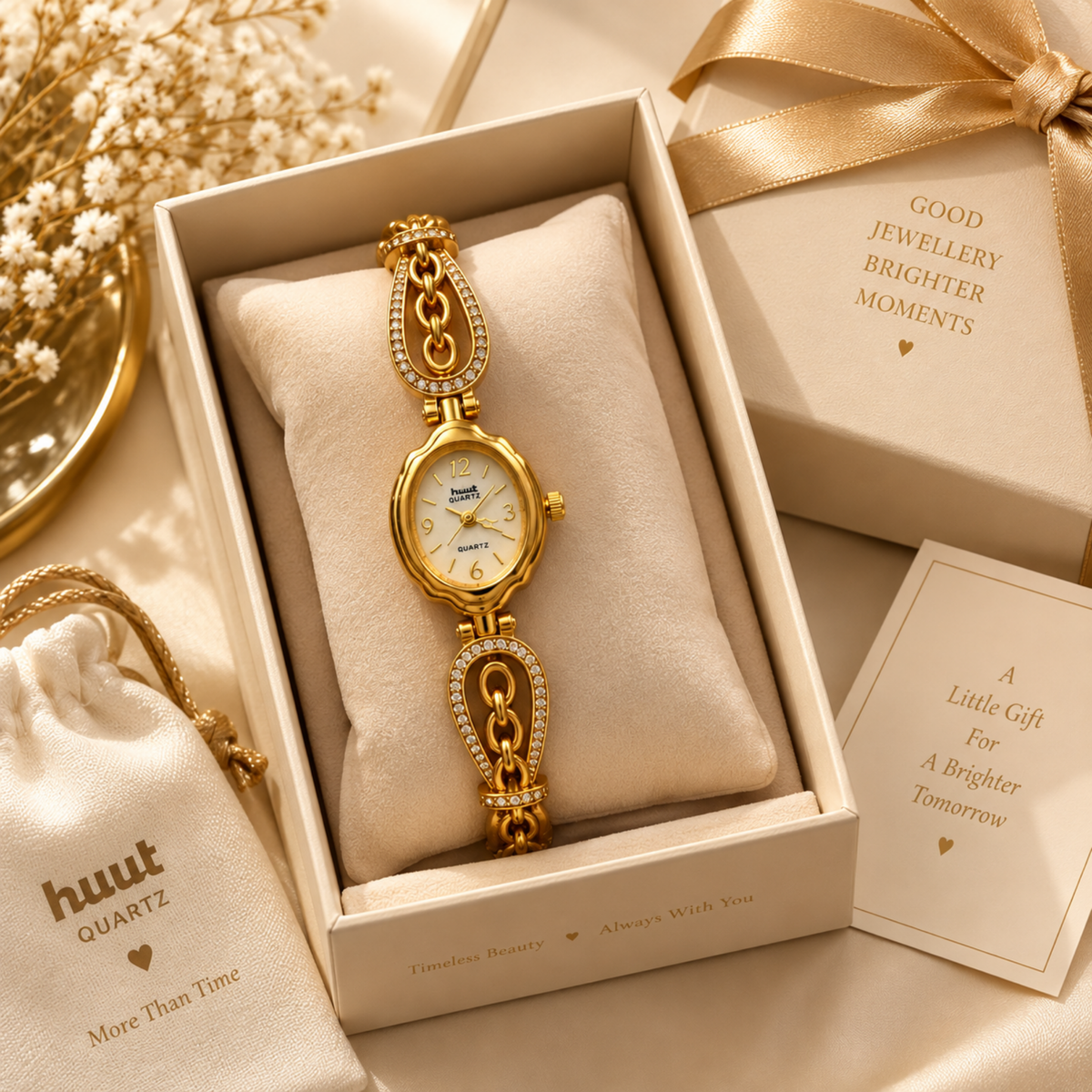 Gold oval crystal bracelet watch in gift box with pouch