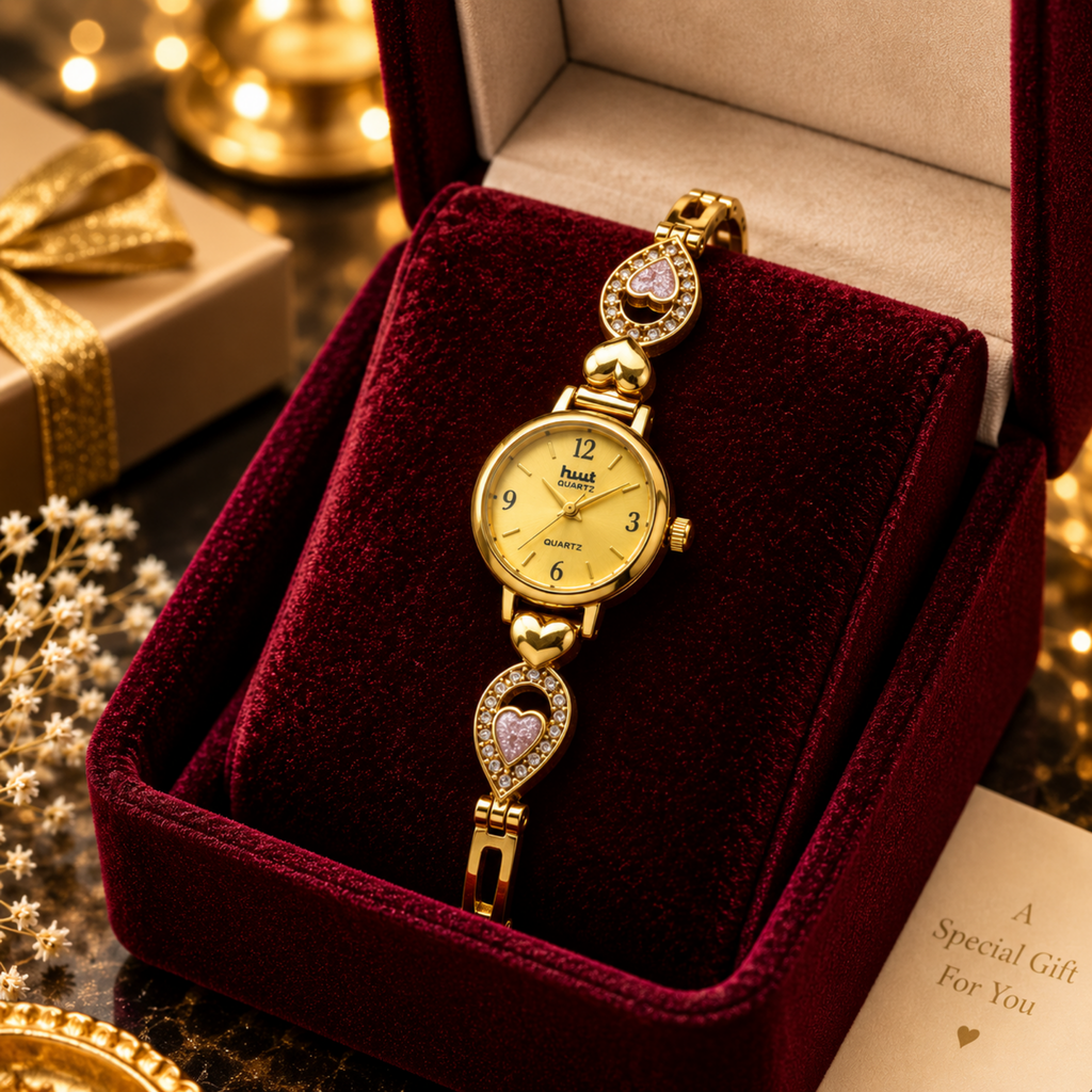 Gold pink heart crystal bracelet watch with gift box packaging