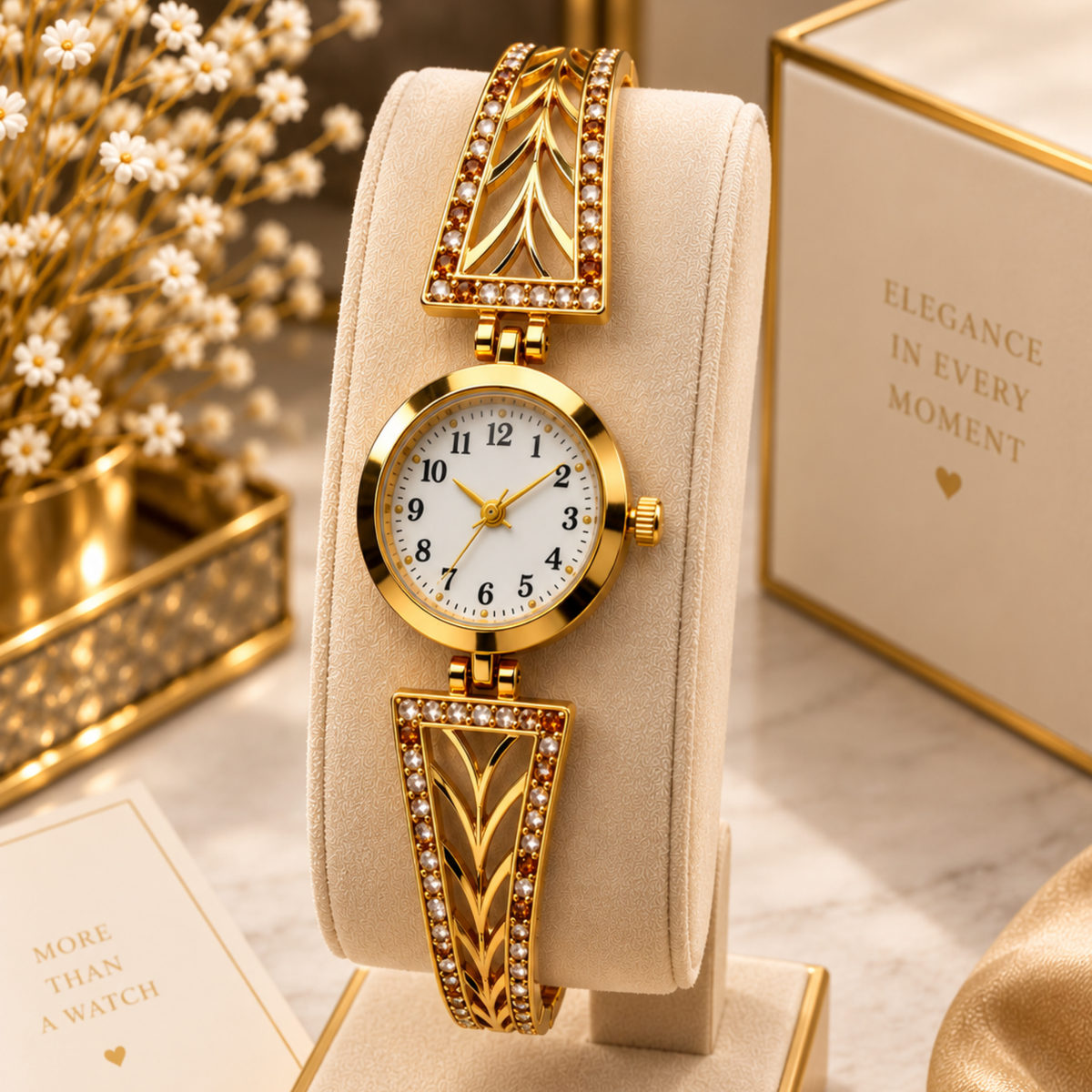 Gold plated art deco crystal bracelet watch on display stand