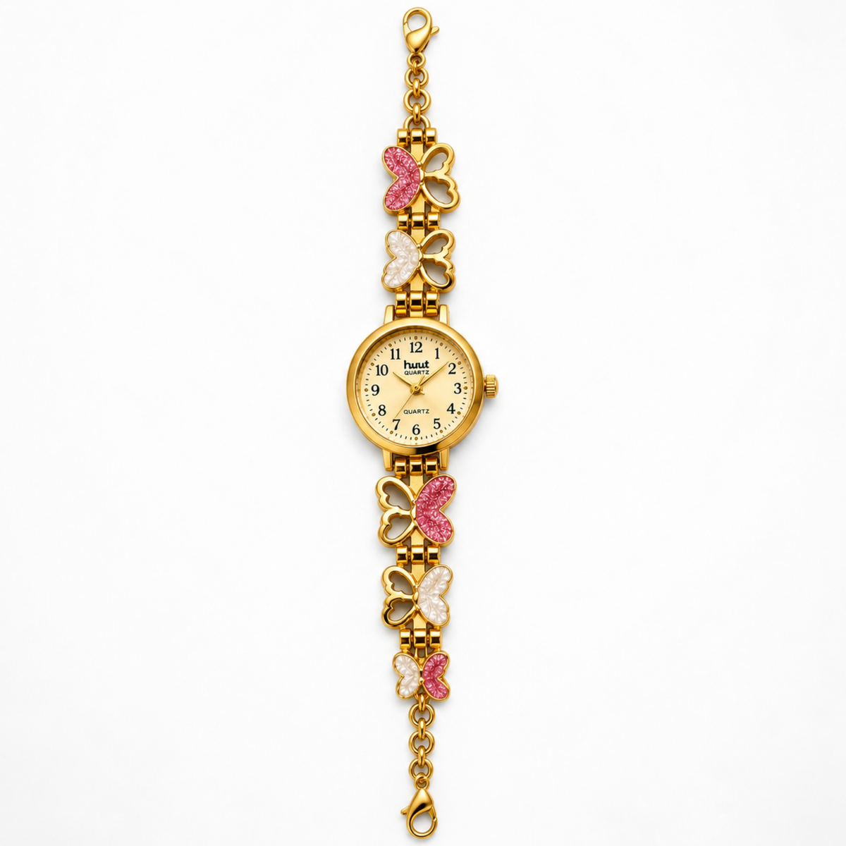 Gold plated butterfly charm bracelet watch for women - pink white enamel