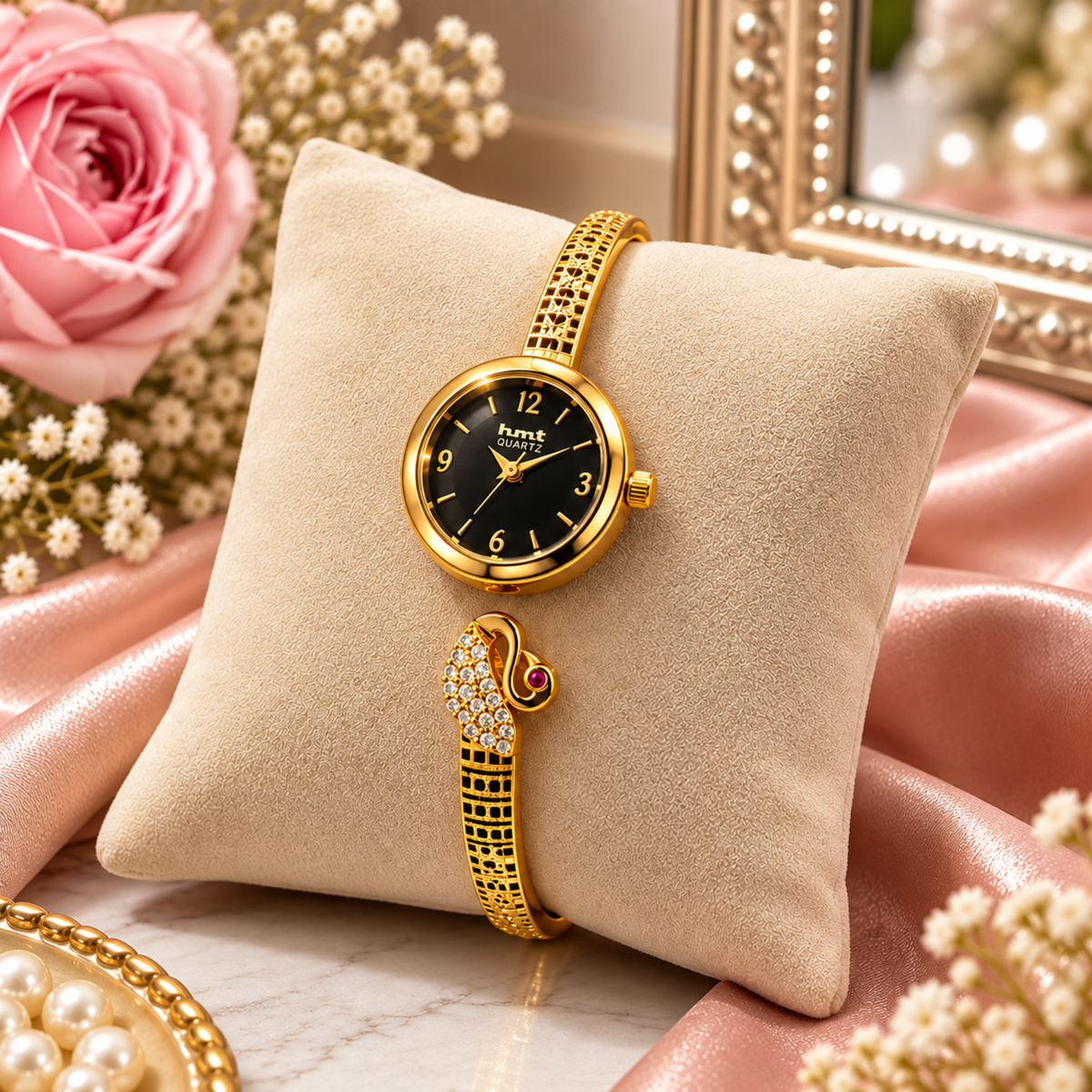 Gold plated crystal peacock bangle watch for women - flat lay