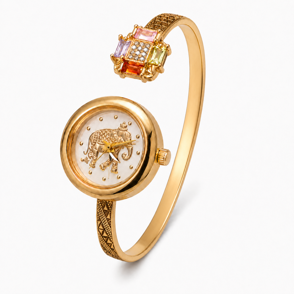 Gold plated elephant dial gemstone cuff watch for women