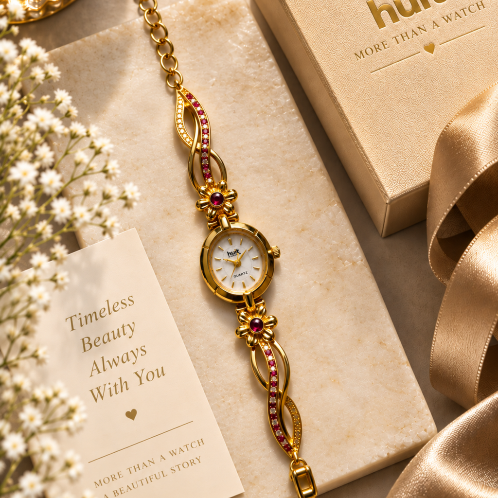 Gold plated floral ruby vine bracelet watch for women - flat lay