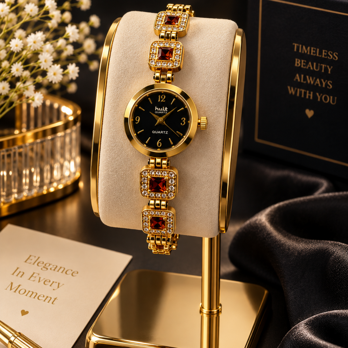 Gold plated garnet crystal bracelet watch on display stand