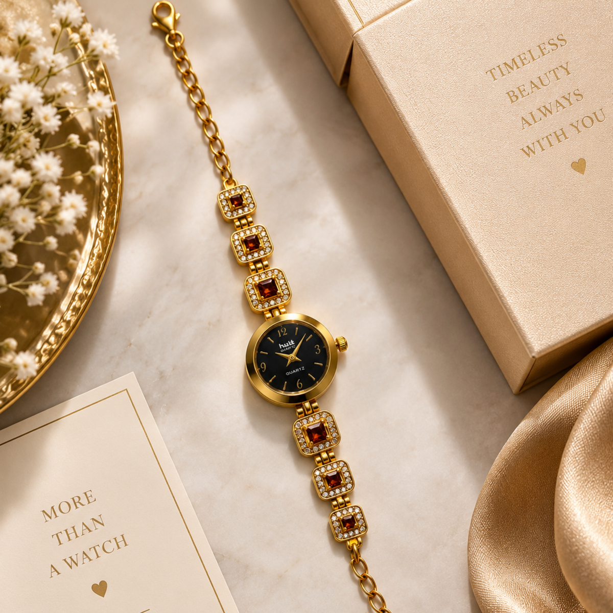 Gold plated garnet crystal bracelet watch with gift box packaging