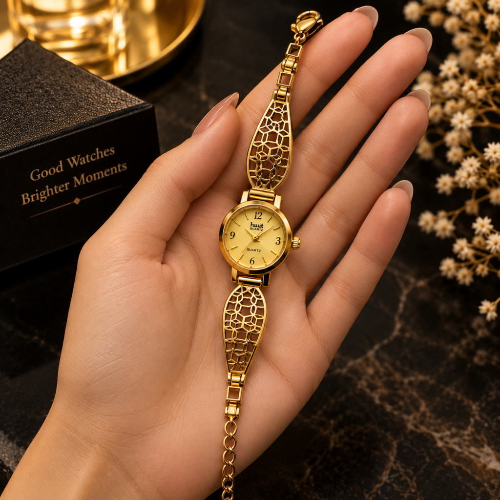 Gold plated geometric mosaic bracelet watch for women - flat lay