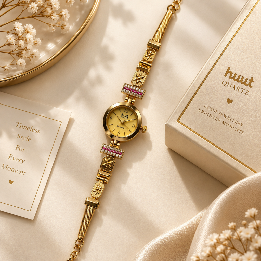 Gold plated kundan ruby bracelet watch for women - ethnic wedding wear