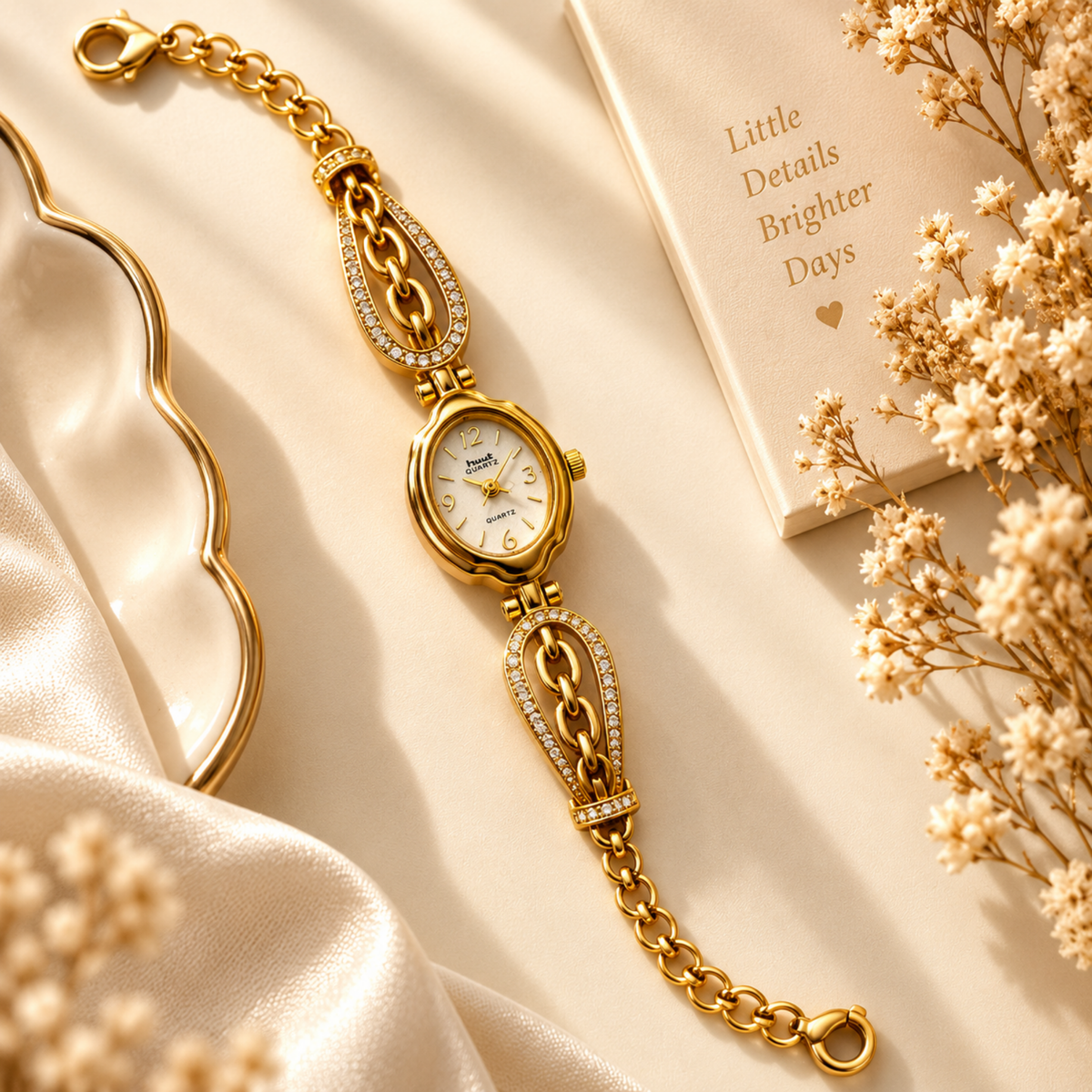 Gold plated oval crystal chain bracelet watch for women - flat lay