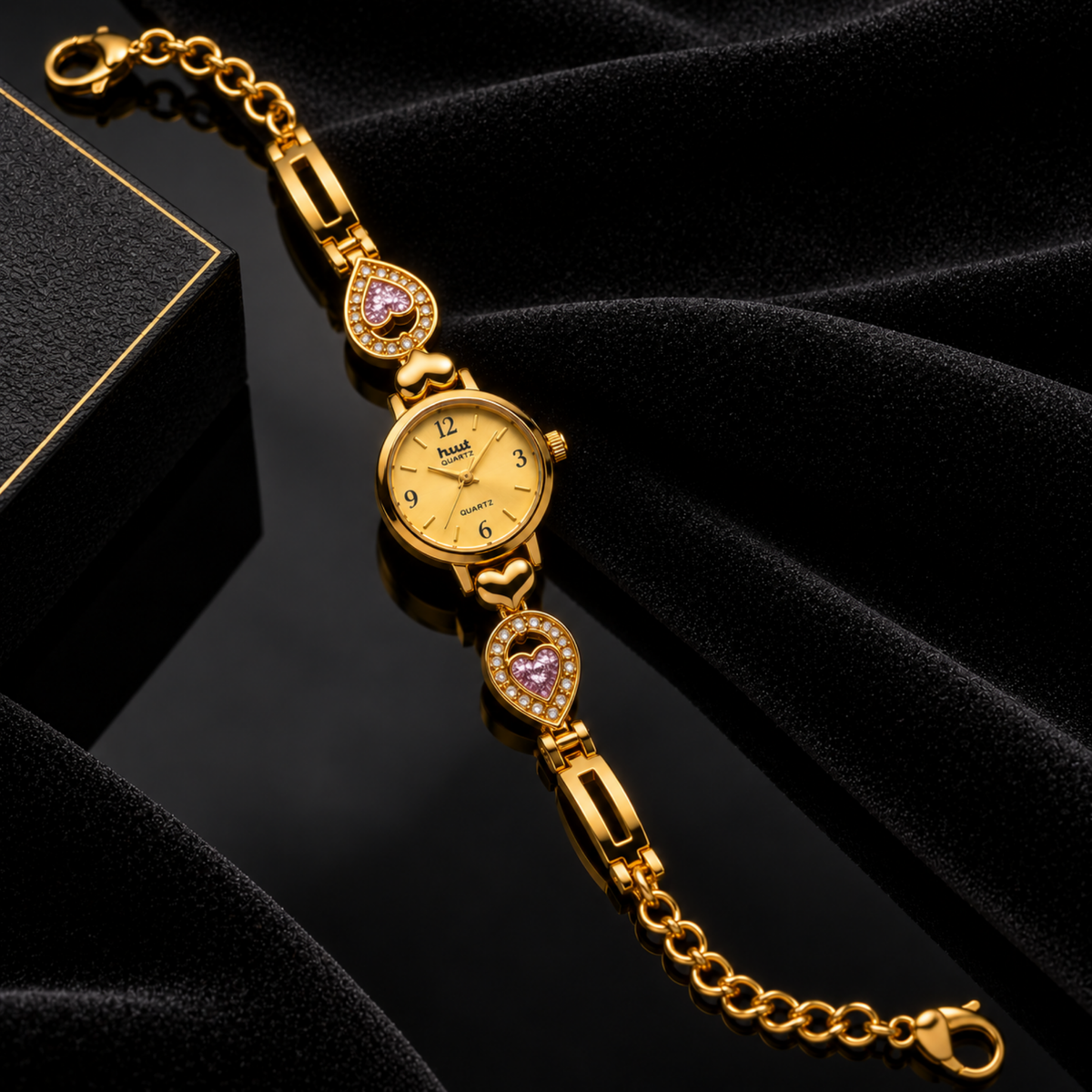 Gold plated pink crystal heart bracelet watch for women - romantic design