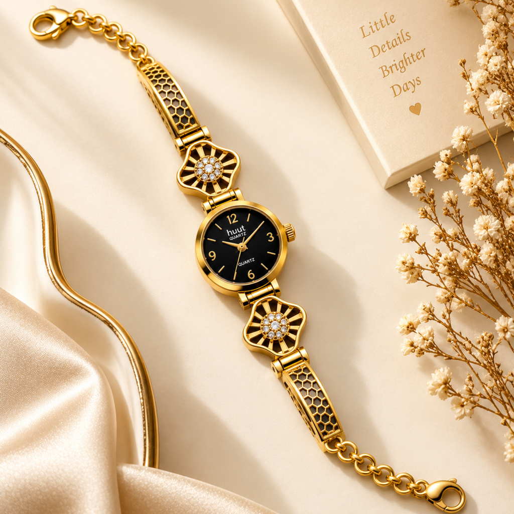 Gold plated starburst crystal bracelet watch for women - flat lay