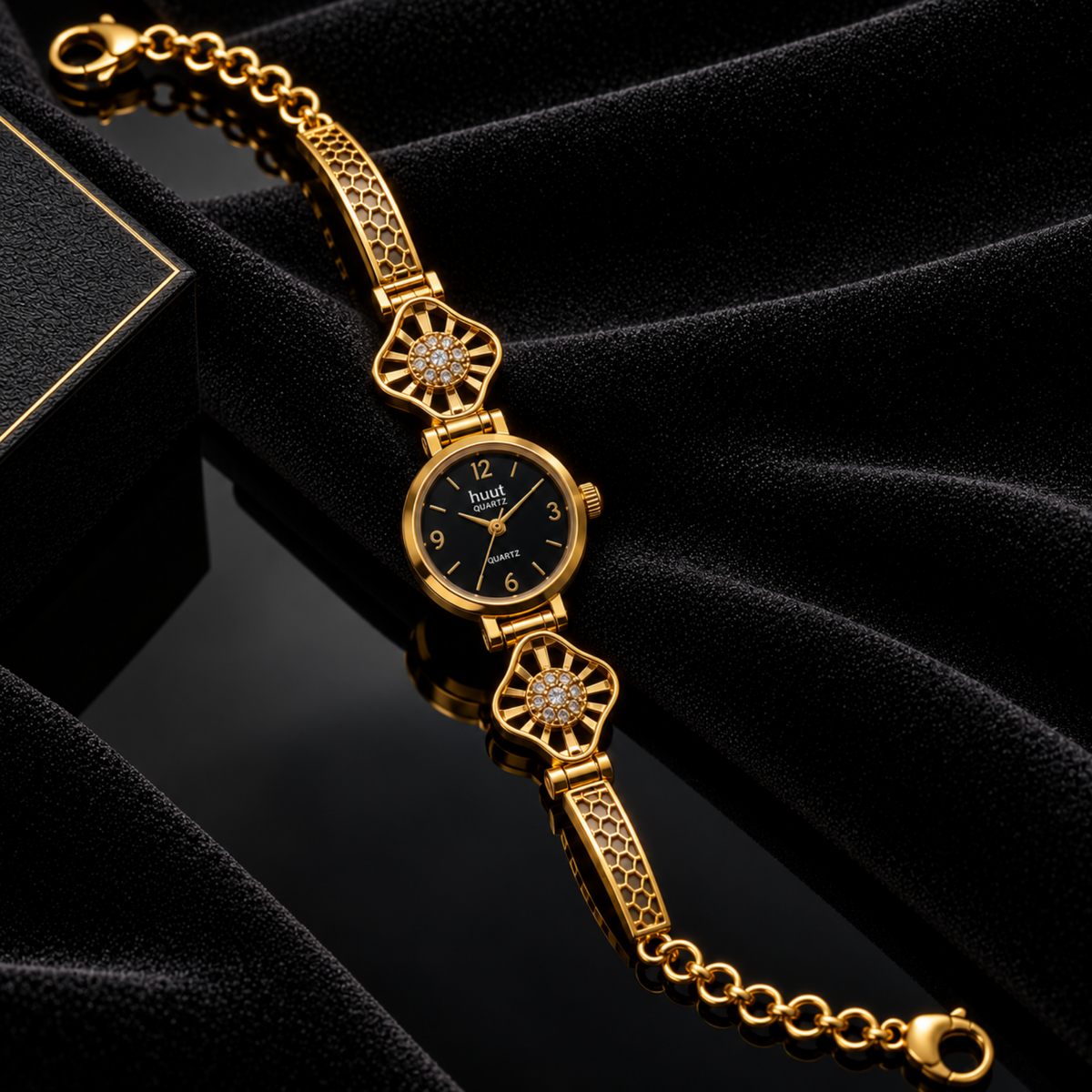Gold starburst crystal bracelet watch with black gift box
