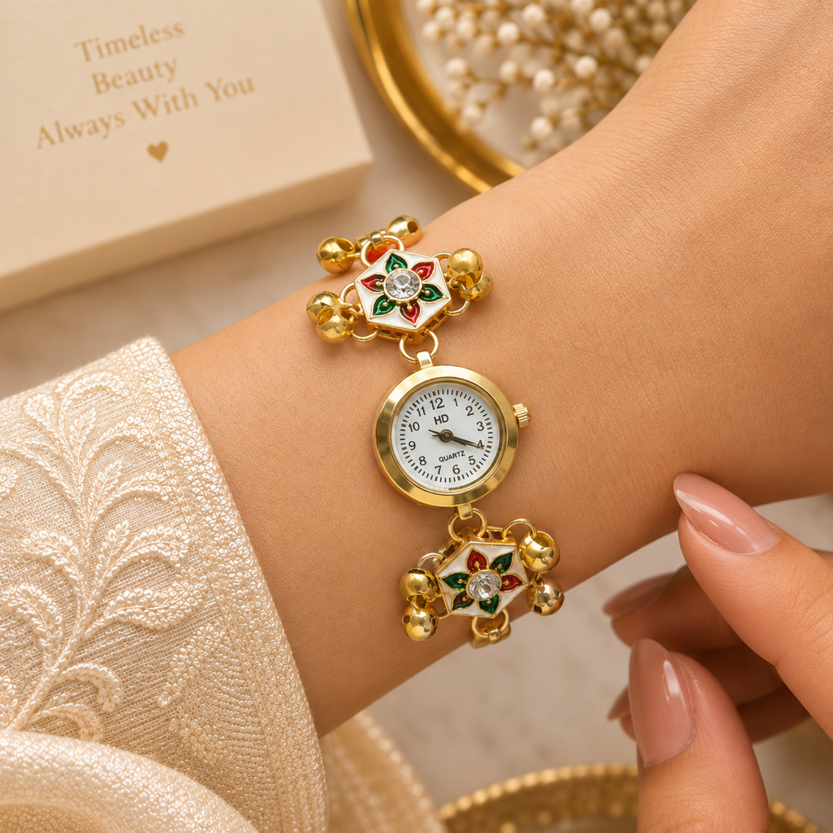 Woman wearing Kashmiri enamel ghungroo pendant watch