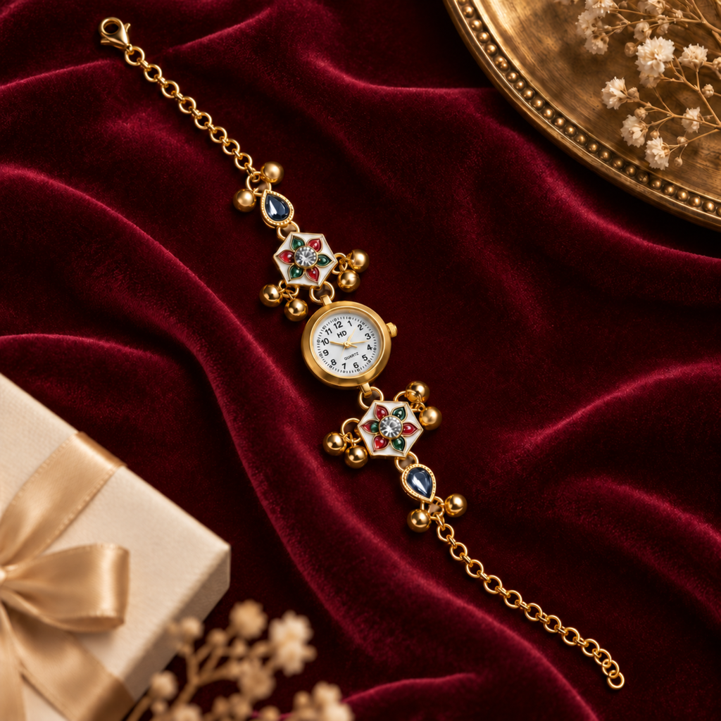 Gold Kashmiri pendant watch for women - flat lay on velvet