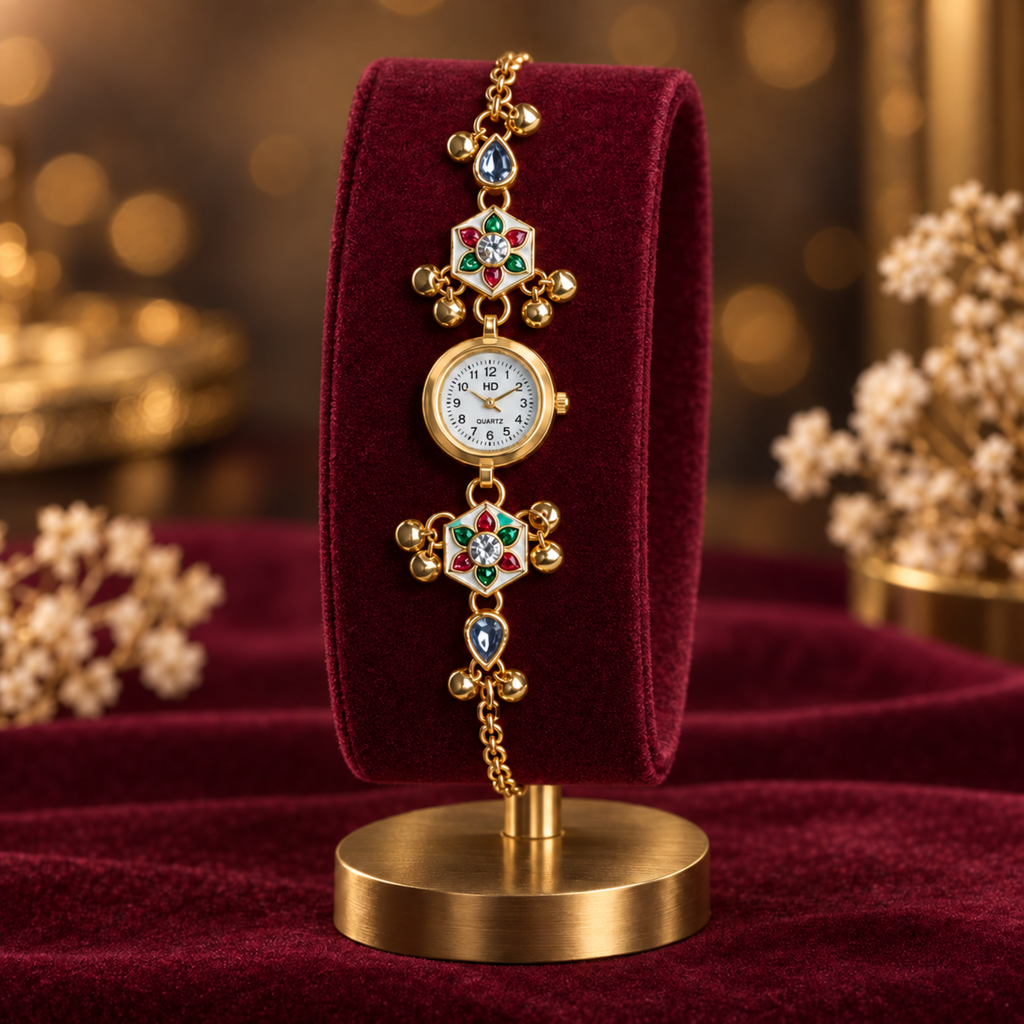 Close up of Kashmiri enamel pendant watch on display stand