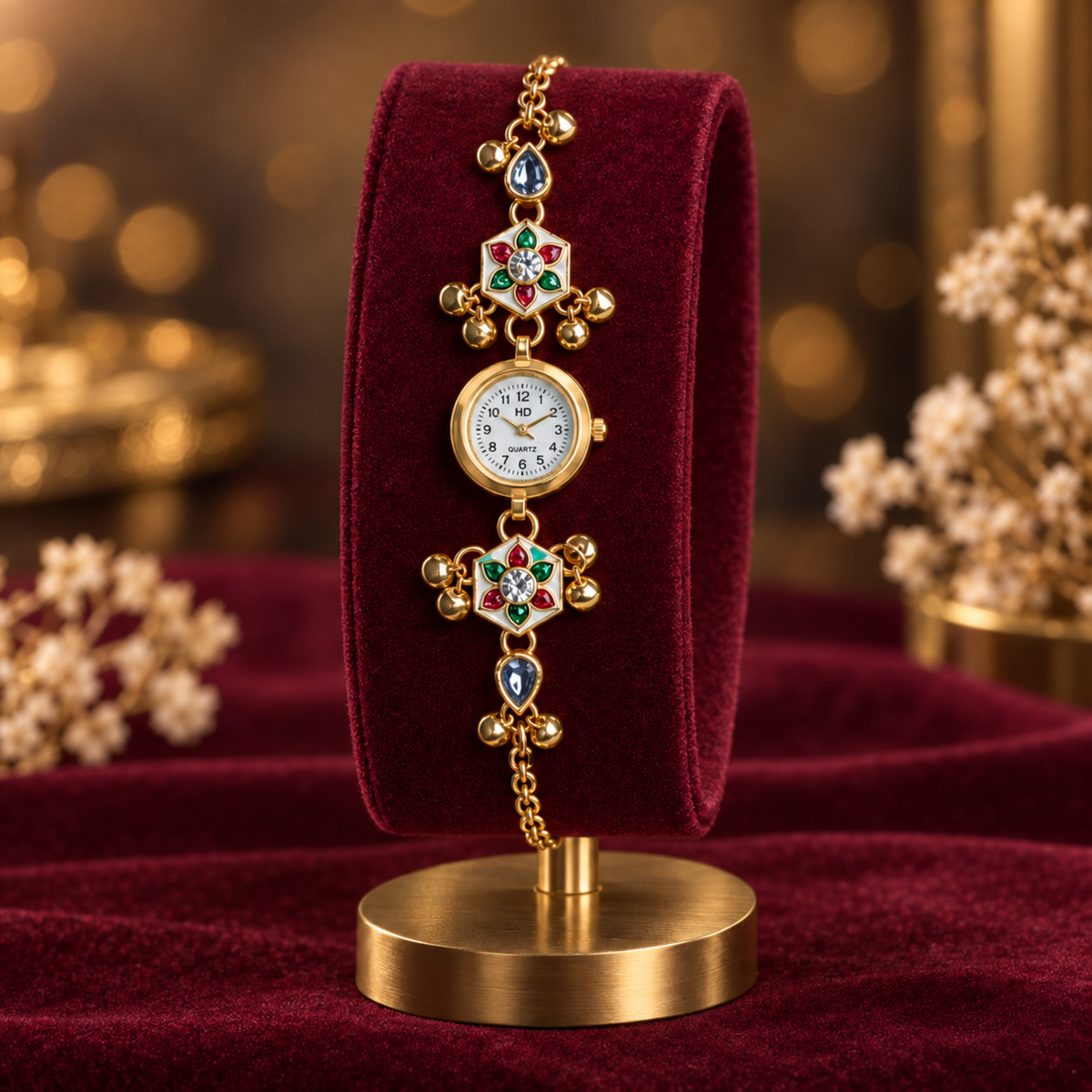 Close up of Kashmiri enamel pendant watch on display stand