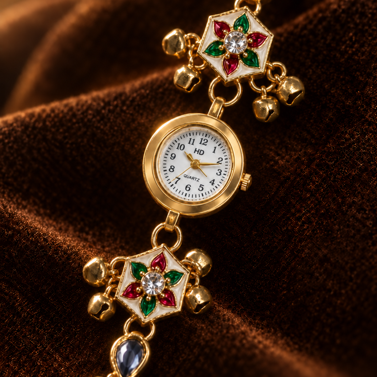 Kashmiri floral enamel charm detail on gold pendant watch