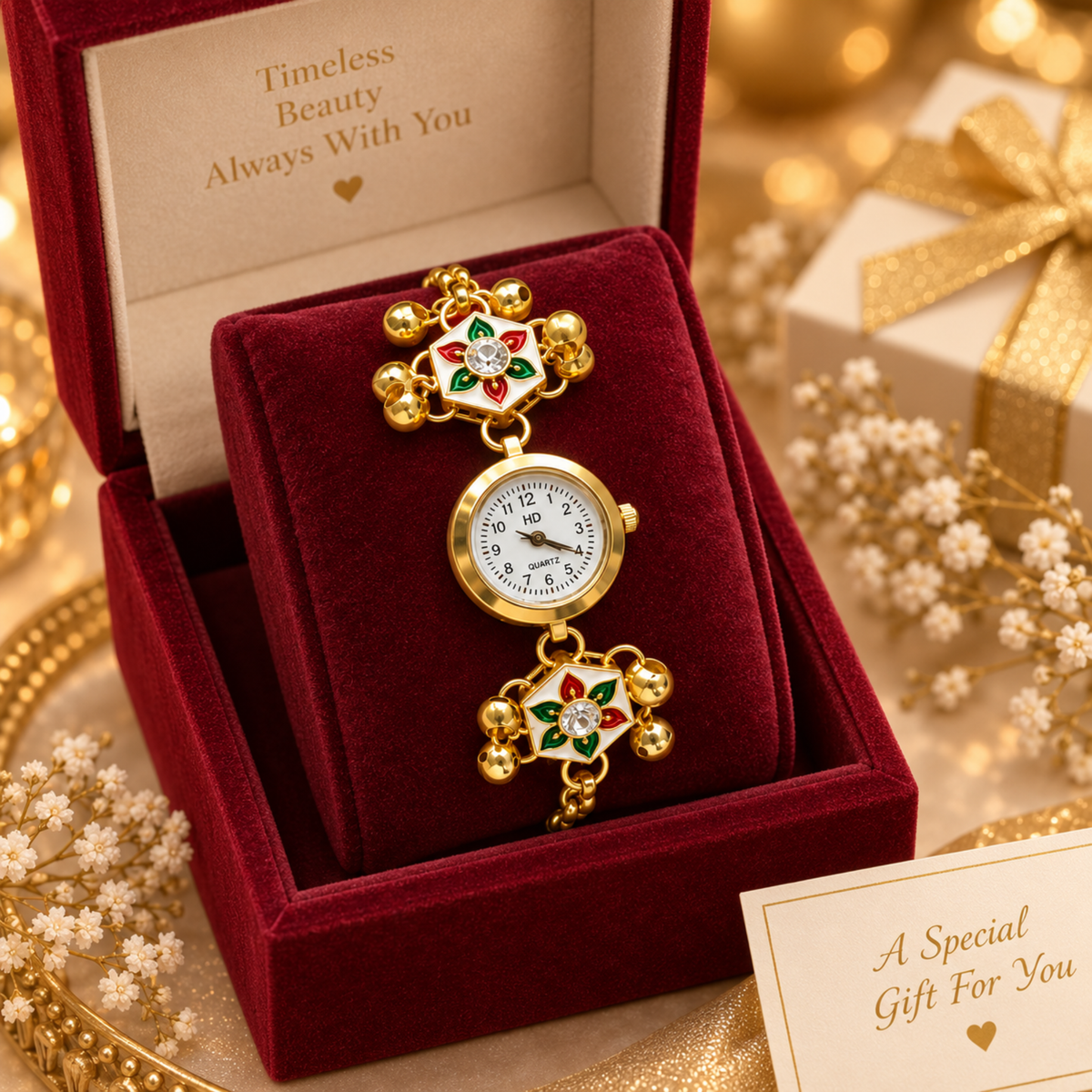 Kashmiri enamel ghungroo pendant watch in red velvet gift box