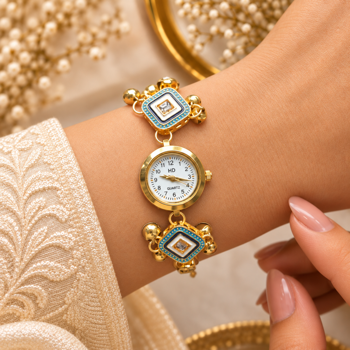 Kashmiri meenakari chain watch worn on wrist with bells